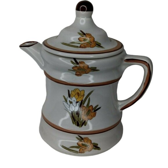 VINTAGE 2PC CALIFORNIA POTTERY USA Crocus  COFFEE TEA POT 8.5" - Picture 1 of 8